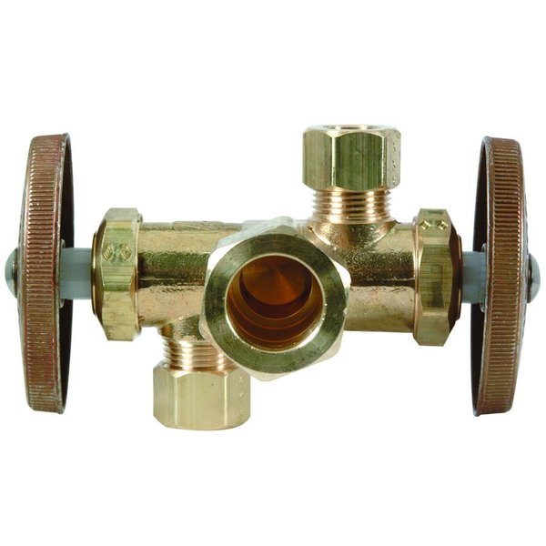 Brasscraft Stop Valve, 1/2 x 3/8 x 1/4 in Connection, Compression, 125 psi Pressure, Brass Body CR1900DVX R